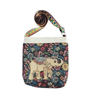 Colorful Elephant Tapestry Crossbody Bag w/Neon Geometric Strap Boho Ethnic